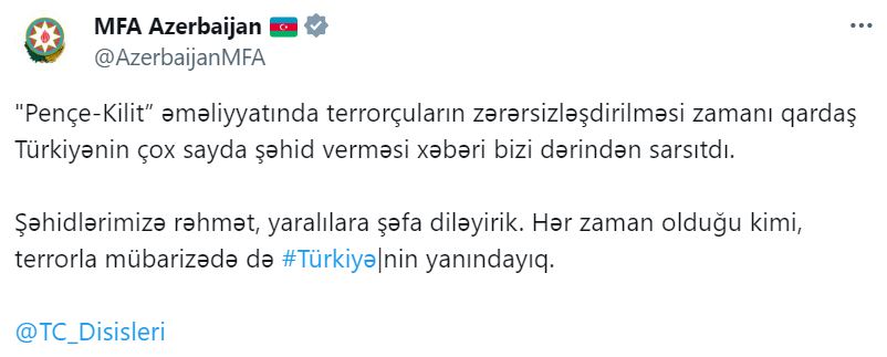 Azerbaycan Dışişleri Bakanlığı: Terörle mücadelede Türkiye’nin yanındayız 