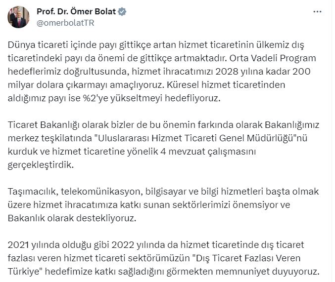 Bakan Bolat: Hizmet ihracatımızı 200 milyar dolara çıkarmayı amaçlıyoruz