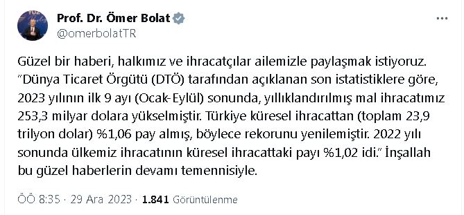 Bakan Bolat: Türkiye küresel ihracattan yüzde 1,06 pay aldı