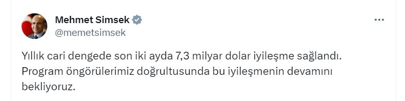 Bakan Şimşek: Cari dengede son iki ayda 7,3 milyar dolar iyileşme sağlandı 