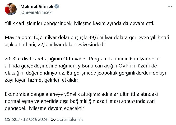 Bakan Şimşek: Cari işlemler dengesindeki iyileşme kasımda devam etti