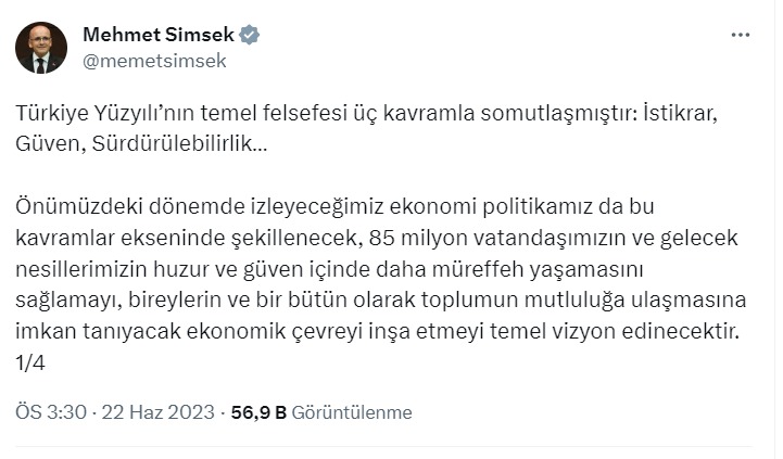 Bakan Şimşek: Merkez Bankası kararını ekonomi felsefemiz çerçevesinde değerlendirmek gerek