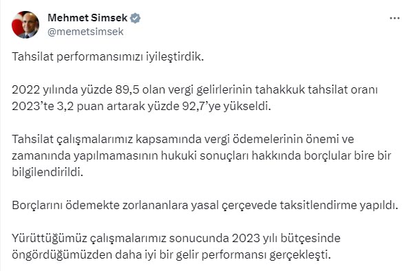 Bakan Şimşek: Tahsilat performansımızı iyileştirdik