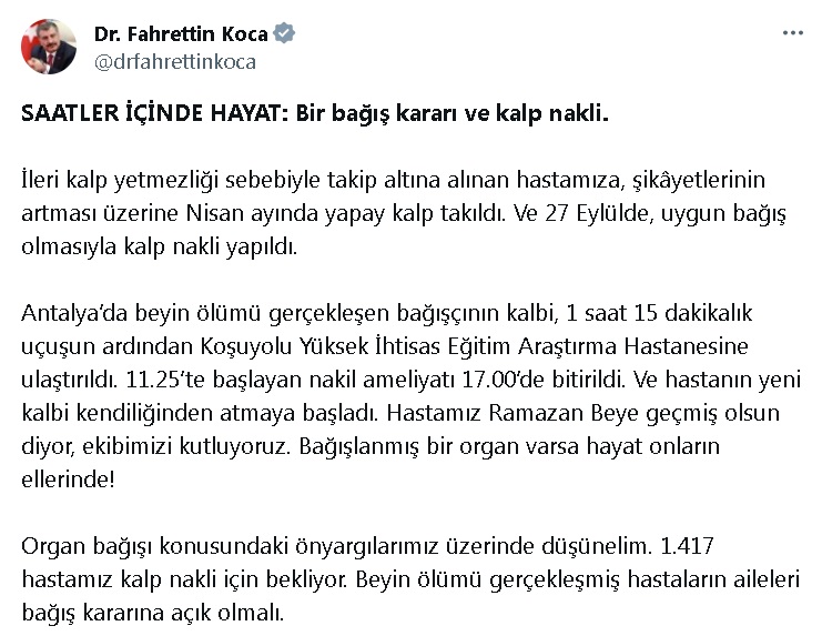 Bakan Koca: Organ bağışı konusundaki önyargılarımız üzerinde düşünelim