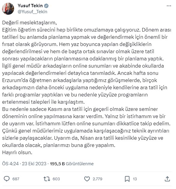 Bakan Tekin: Kasım ara tatilinde seminer dönemi online yapılacak