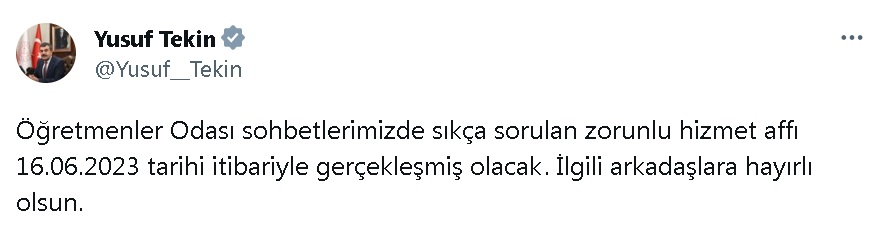 Bakan Tekin: Zorunlu hizmet affı 16 Haziran itibariyle gerçekleşti