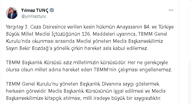 Bakan Tunç: Meclis Başkanvekilimize kitapçık atılması, milli iradeye büyük bir saygısızlıktır