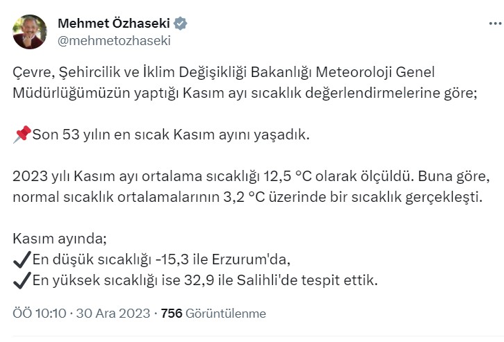 Bakan Özhaseki: Son 53 yılın en sıcak kasım ayını yaşadık