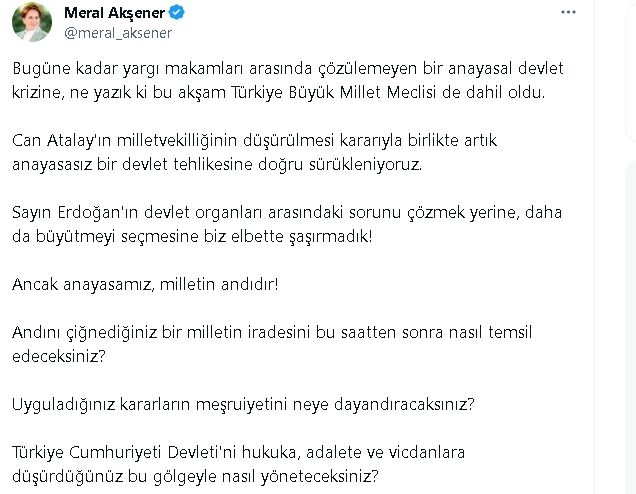 Meral Akşener: Atalay kararıyla artık anayasasız bir devlet tehlikesine doğru sürükleniyoruz