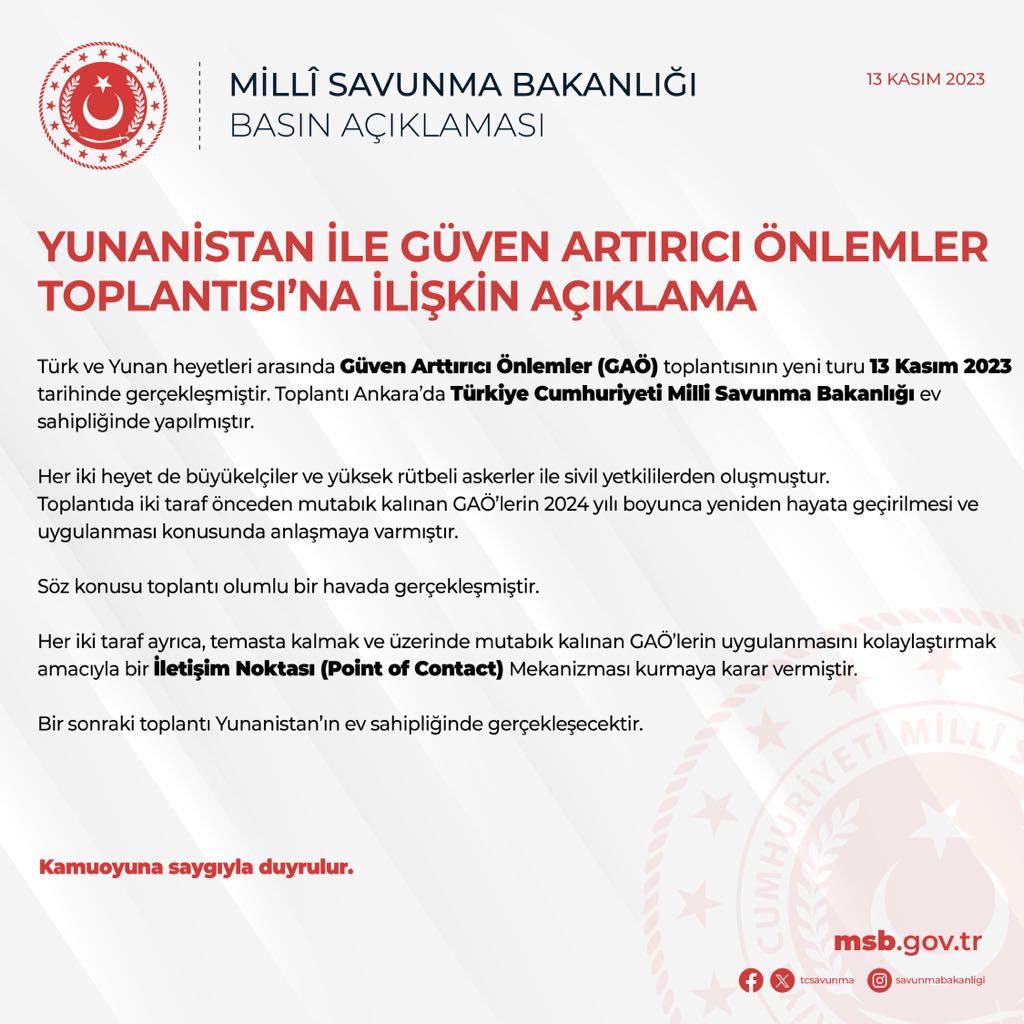 Türkiye ile Yunanistan arasında Güven Arttırıcı Önlemler toplantısı gerçekleştirildi