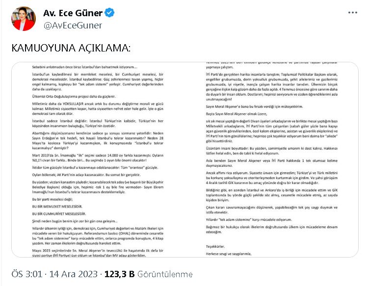 İYİ Parti Genel Başkan Yardımcısı Güner, partisinden istifa etti