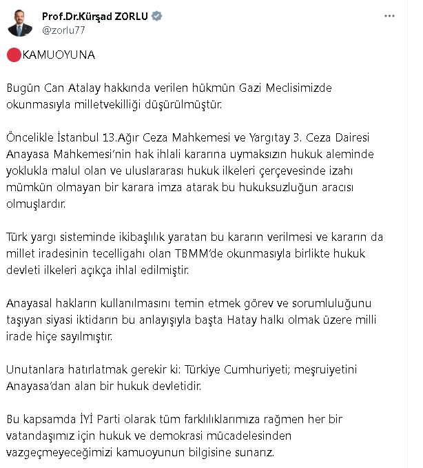 İYİ Parti Sözcüsü Zorlu: İzahı mümkün olmayan bir karara imza atarak bu hukuksuzluğun aracısı olmuşlardır