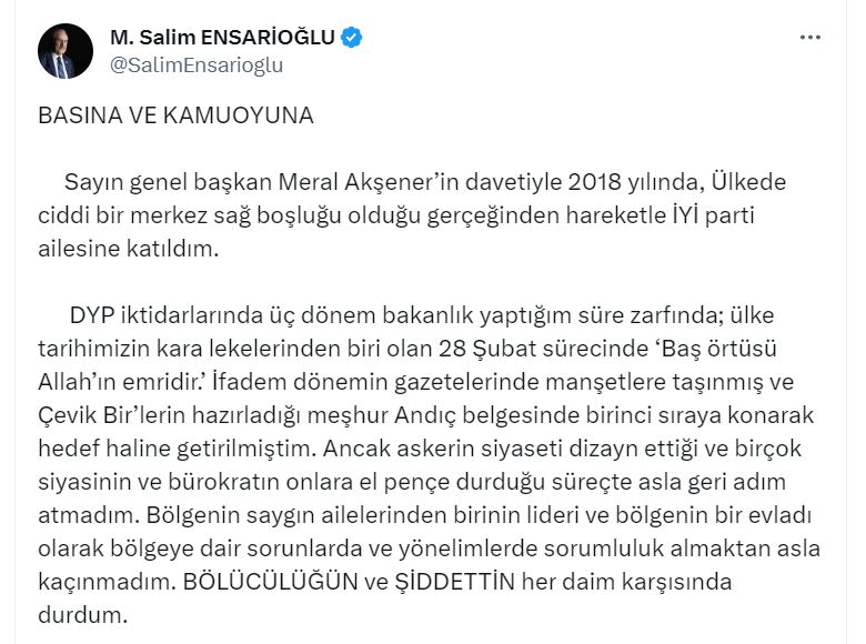 İYİ Partili Ensarioğlu, partisinden istifa etti